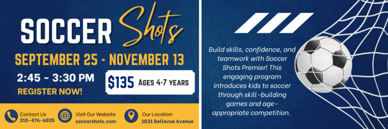 Soccer ball kicked into a net with Soccer Shots registration information for the fall of 2025.