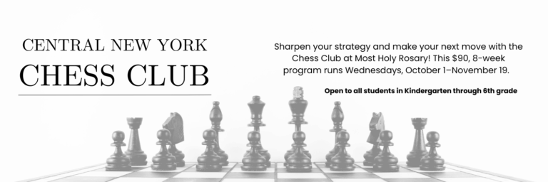 Chess board with black chess pieces and text about registration for Central New York's Chess Club.