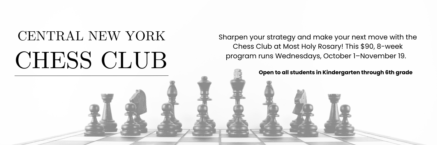 Chess board with black chess pieces and text about registration for Central New York's Chess Club.