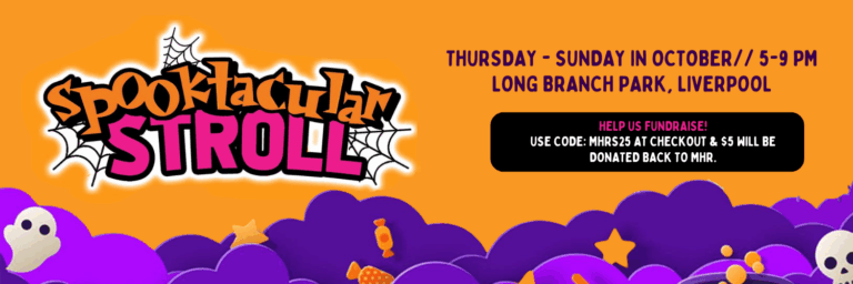 Halloween themed background with fundraising information for Most Holy Rosary in the Spooktacular Stroll in Liverpool, NY.