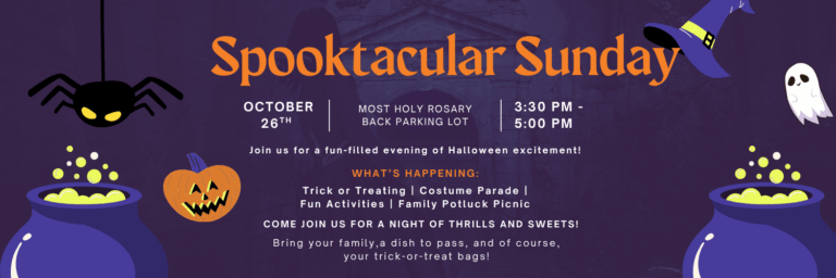 Purple background with Halloween themed graphics including cauldrons in the corners, a spider hanging down above a cauldron, a pumpkin, a witches hat and ghost.