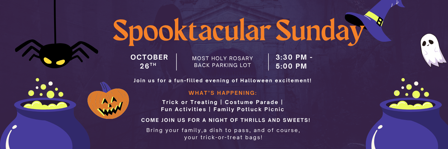 Purple background with Halloween themed graphics including cauldrons in the corners, a spider hanging down above a cauldron, a pumpkin, a witches hat and ghost.