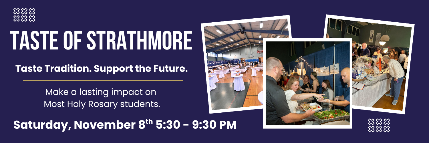 Taste of Strathmore event, people serving food to guests, and guests bidding on prizes on a table for a silent auction.