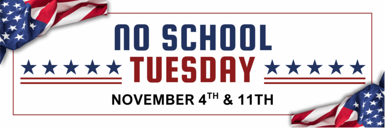 American flags in the corner with five blue stars and red stripes below in the middle of the graphic with the word Tuesday in the middle.