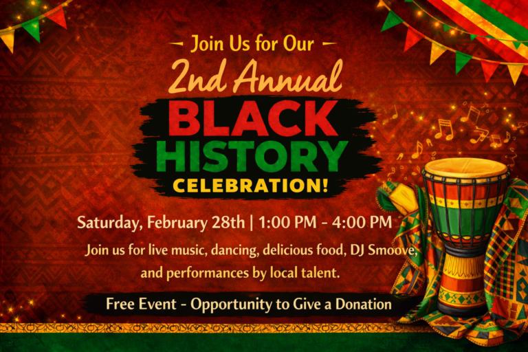 Black History Celebration with drums in the corner and banner and flags that are red, green, and yellow in the corner.