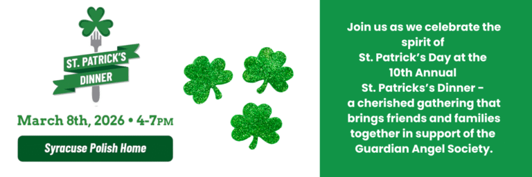 Three Green shamrocks in the middle with a fork and a shamrock over the fork on the left side. Text below and to the far right about the St. Patrick's Day Dinner.
